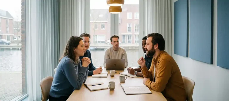 Colleagues in discussion at a conference table in a modern Dutch office with large windows and natural daylight.