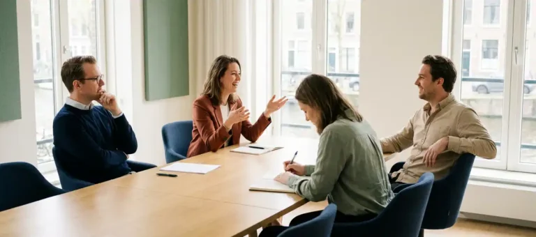 Four professionals with different personality styles are in conversation at a conference table in a bright Dutch office.