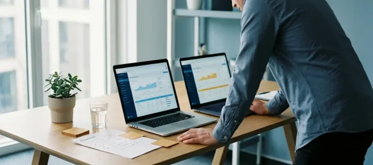 A professional compares two laptops with dashboards on a modern desk, using a checklist and sticky notes, in warm, natural light.