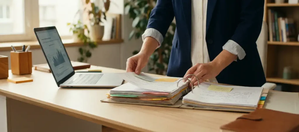 A professional is flipping through a thick binder with colored tabs and handwritten notes at a modern desk with a laptop.