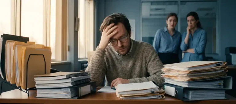 An employee at a modern desk surrounded by tall stacks of files and binders, with coworkers in the background, in a hectic work environment.