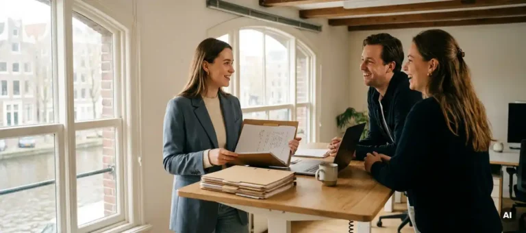 A young professional shares notes from a folder with colleagues at a standing desk in a modern Amsterdam office.