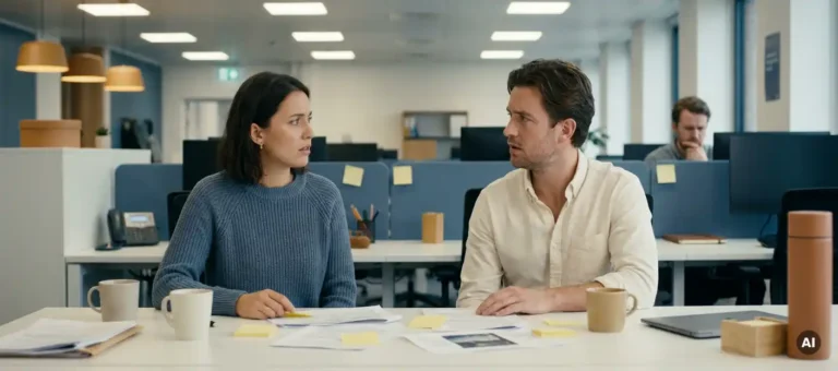 Two colleagues exchange confused glances at a cluttered desk covered with sticky notes, while a third team member looks uncertainly at a monitor.