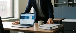 A professional is leaning over a desk with a laptop open to the company intranet and an organized folder; natural light streams in through the window.