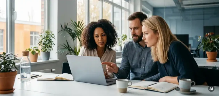 Three coworkers are gathered around a laptop in a modern Dutch office, with notebooks and coffee on their desks.