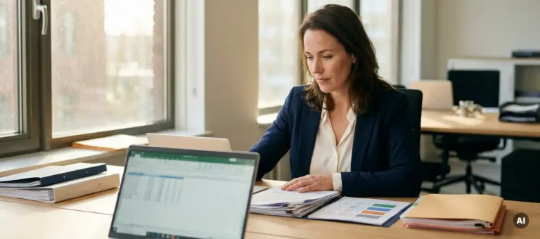 A professional reviews documents and a laptop on a light oak desk in a modern Dutch office with natural light.