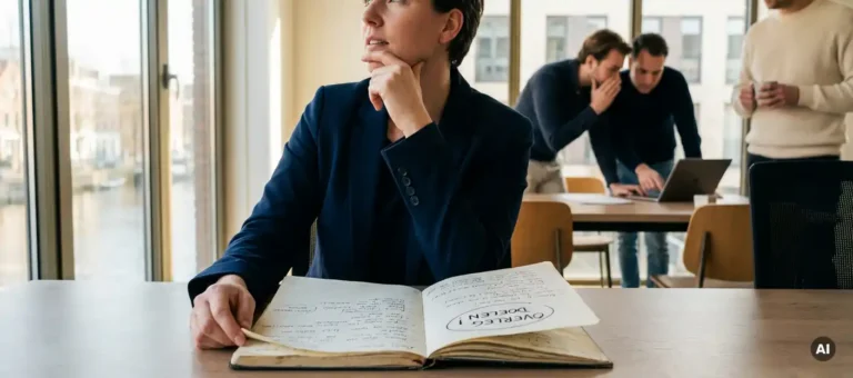 A professional pauses thoughtfully as he reads notes in his notebook, while colleagues discuss matters in the background in a modern Dutch office.