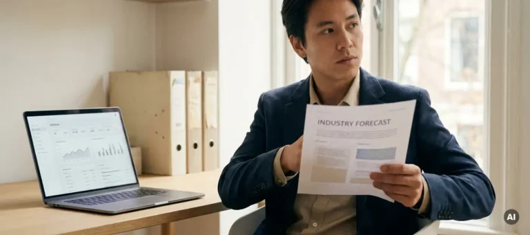 A professional reads an industry report at a desk with an open laptop and a dashboard, bathed in warm, natural light in a modern Dutch office.