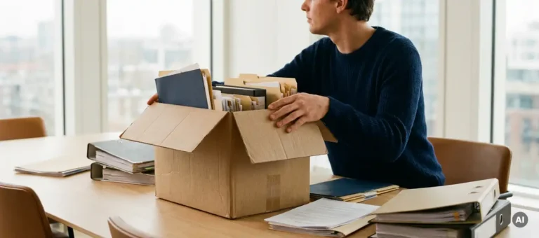 A coworker takes a break next to an open moving box full of binders and office files on a conference table in a modern office.