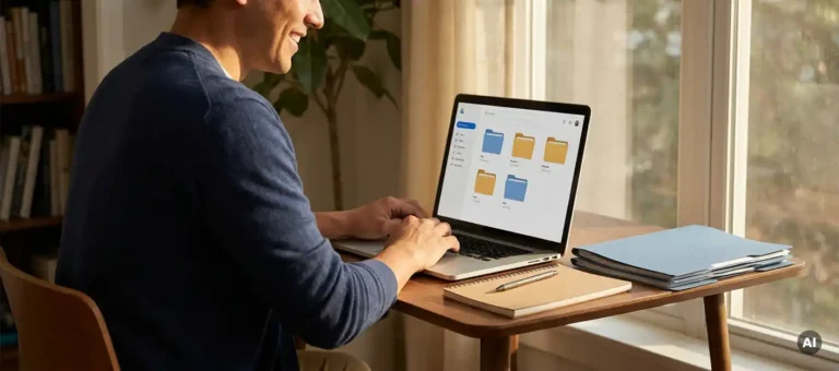 An employee at a small business is looking at a digital knowledge base on a laptop at a modern desk, bathed in warm afternoon light.