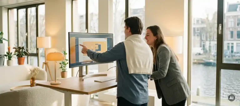 Two coworkers are looking at a digital knowledge base together on a large screen at a standing desk in a bright Dutch office.