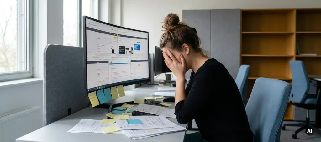 A customer service representative at a cluttered desk with stacks of documents and sticky notes, visibly overwhelmed by information overload.