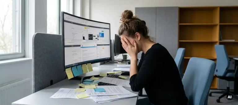 A customer service representative at a cluttered desk with stacks of documents and sticky notes, visibly overwhelmed by information overload.