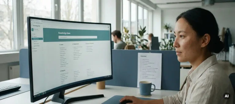 A customer service representative looks at a digital knowledge base on a monitor at a modern desk, with a printed checklist and a cup of coffee in a well-lit office.