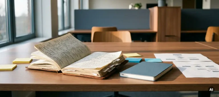 A worn leather notebook with handwritten project notes, open on a modern desk, next to an empty notebook and process diagrams.