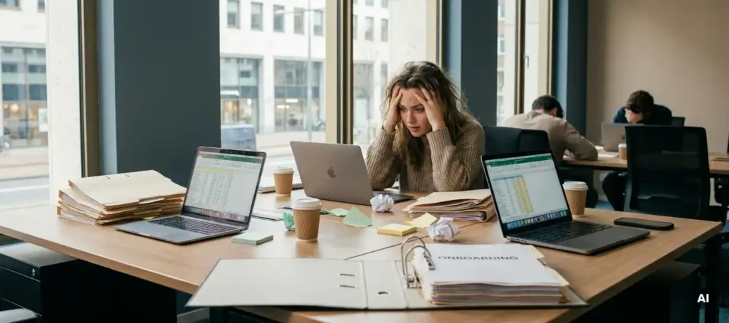 New employee at a busy shared desk with paperwork scattered about, sticky notes, and laptops; onboarding folder in the foreground; modern office.
