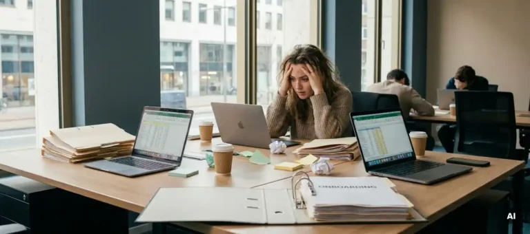 New employee at a busy shared desk with paperwork scattered about, sticky notes, and laptops; onboarding folder in the foreground; modern office.