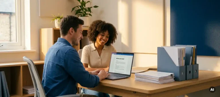 A new employee and an experienced colleague are looking at a digital knowledge base together on a laptop, with onboarding documents on a modern desk in a cozy office.