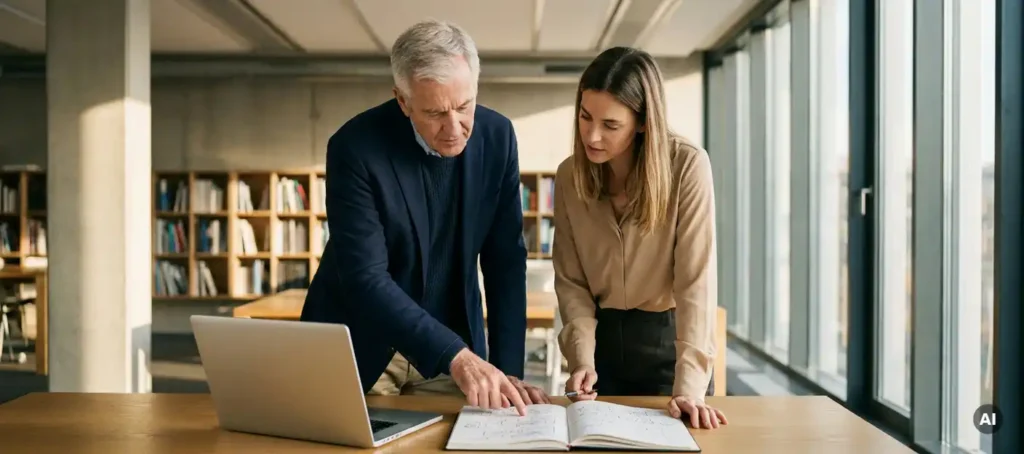 An experienced professional shares notes with a younger colleague at a modern desk; an open notebook with diagrams lies next to a laptop; knowledge transfer takes place on the job.