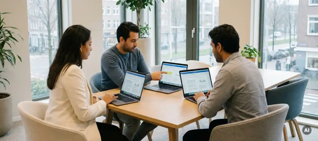 Three professionals in a modern Dutch office are looking at a digital document together on their laptops; one person is pointing at the screen.