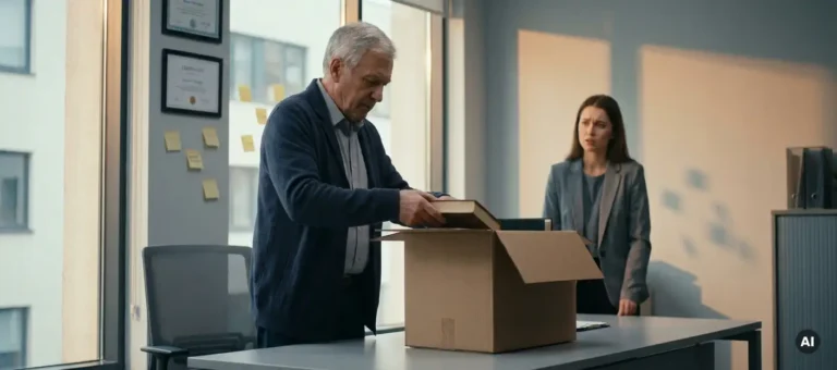 An older employee picks up a cardboard box in a modern office; framed certificates and notes are left on the wall, with a concerned coworker in the background.