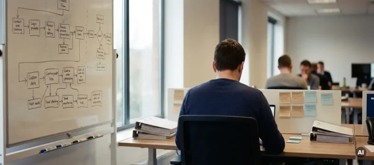 An employee sitting alone at a desk with sticky notes, binders, and a whiteboard covered in process diagrams in an open-plan office.