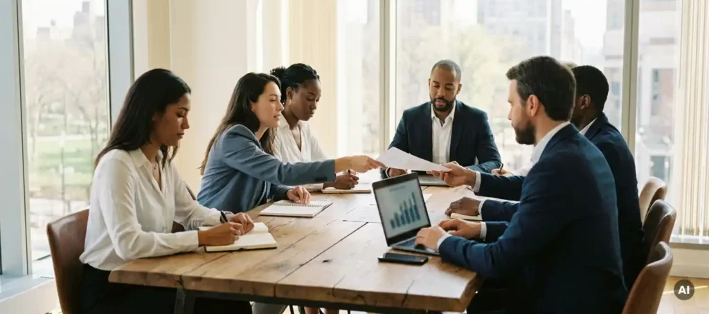 Various professionals seated around a wooden conference table are exchanging documents, along with laptop screens and notebooks, in a well-lit office.