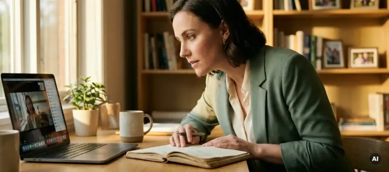 A woman in a home office on a video call, leaning forward as she looks at her notes, with warm afternoon light and faintly visible bookshelves in the background.