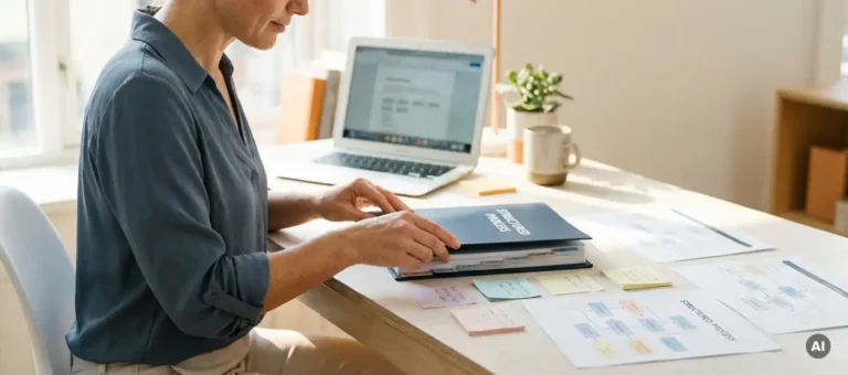 A professional opens a well-organized binder on a modern desk filled with workflow diagrams and sticky notes, with a laptop in the background.