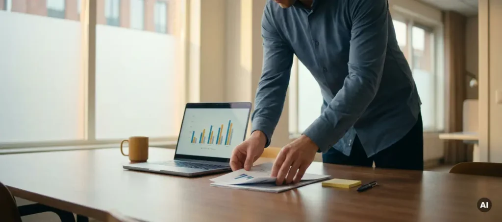 Business analyst arranging documents next to laptop with charts in a modern office with frosted glass windows and soft natural light.