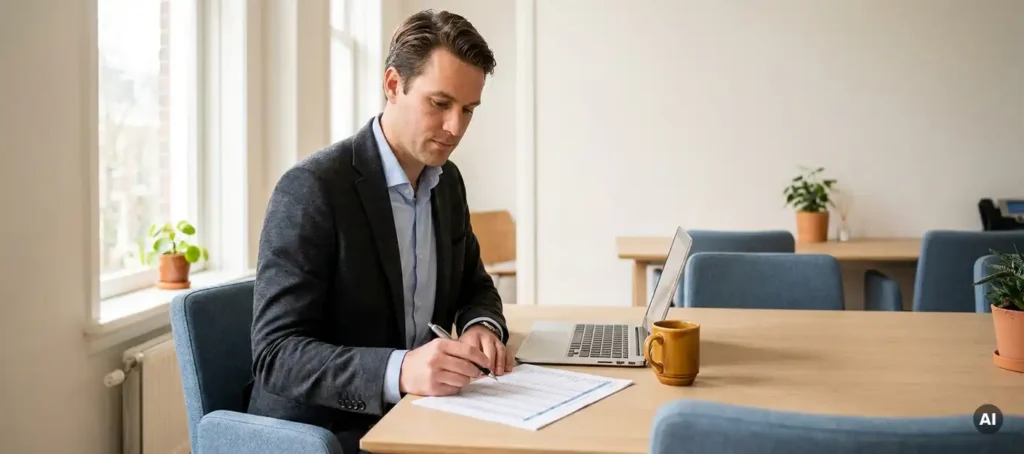 Businessman studying printed budget overview next to laptop on tidy desk in modern Dutch office.
