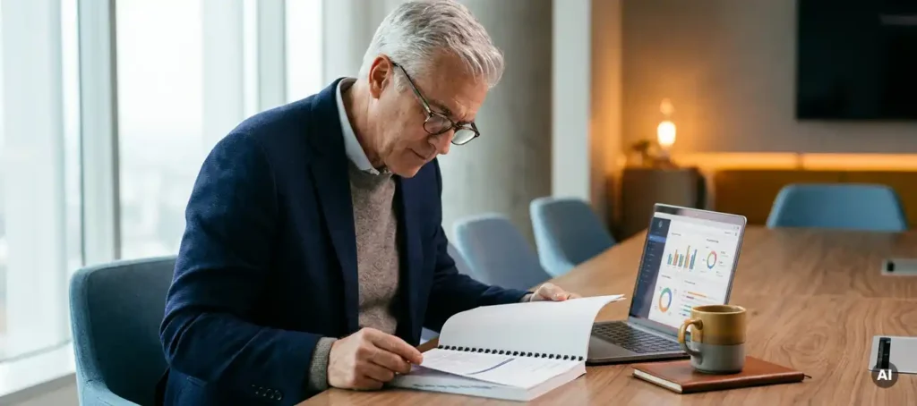 Director studying financial report at meeting table with laptop showing performance dashboards and coffee in daylight.