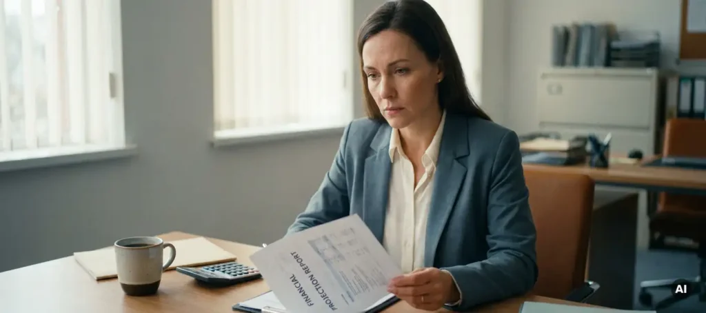 Business professional studying financial projection report at desk with calculator and coffee cup in office environment.