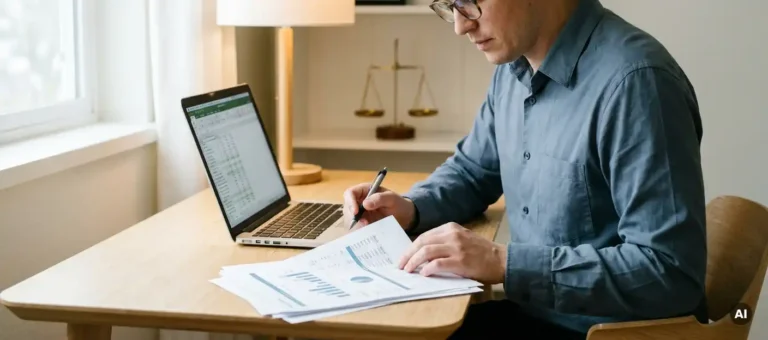 Professional analyzes financial spreadsheet at modern desk with laptop and scales in the background.