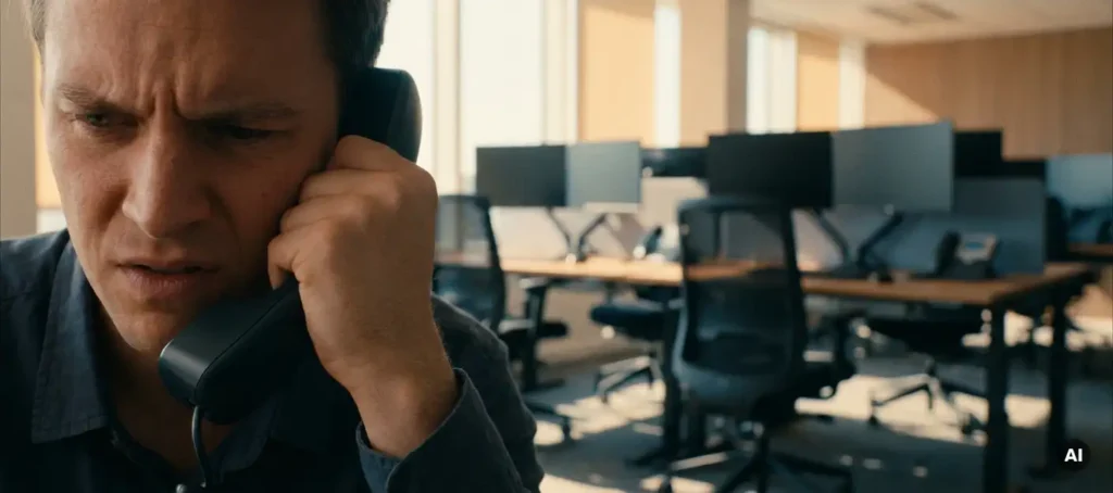 Frustrated customer holding phone receiver during transfer in modern call center with empty workstations in the background.