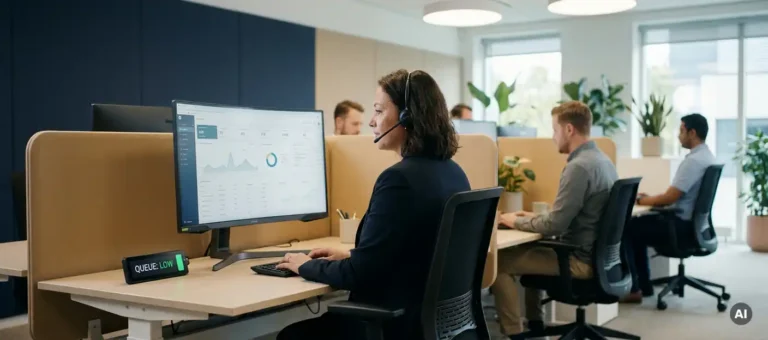 Customer service employee views dashboard on monitor in modern open office with muted navy and sand tones.