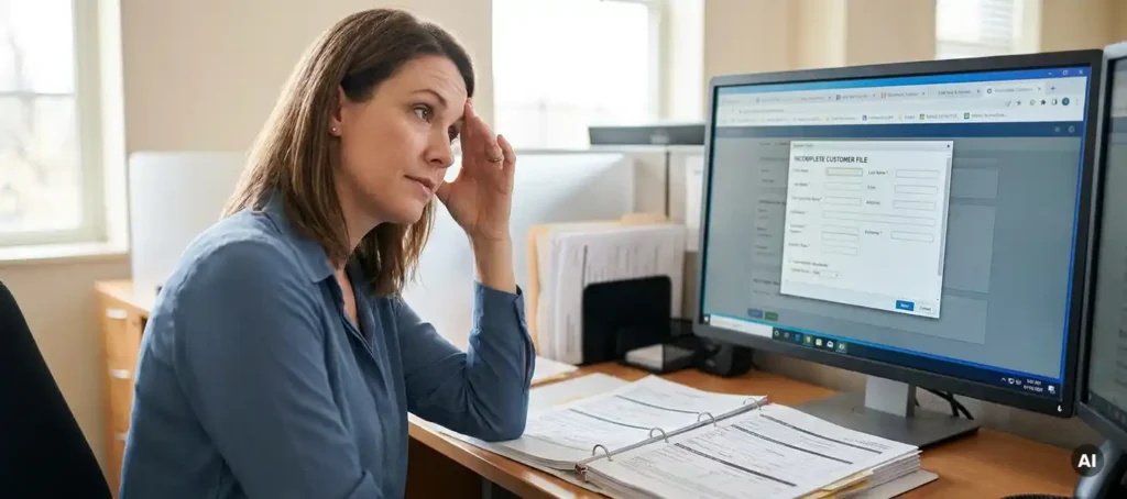 Customer service employee searches through incomplete digital customer file on monitor, surrounded by open browser tabs and forms.