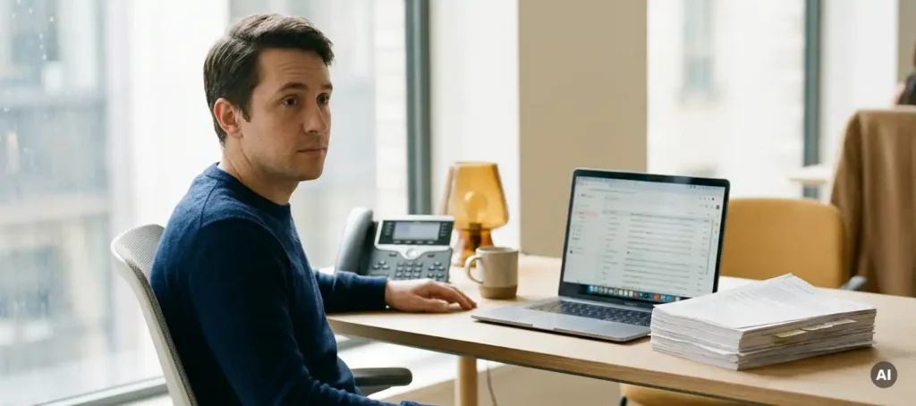 Customer service employee at a modern desk with phone, laptop with full inbox, and stack of printed emails in a Dutch office.