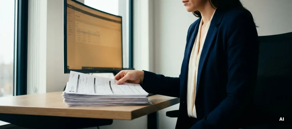 Customer service employee sorts a stack of printed forms at a modern desk with a monitor in the background.