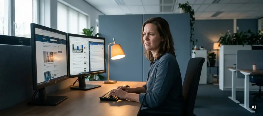 Frustrated customer service agent behind dual monitors with multiple open tabs in a modern Dutch office.