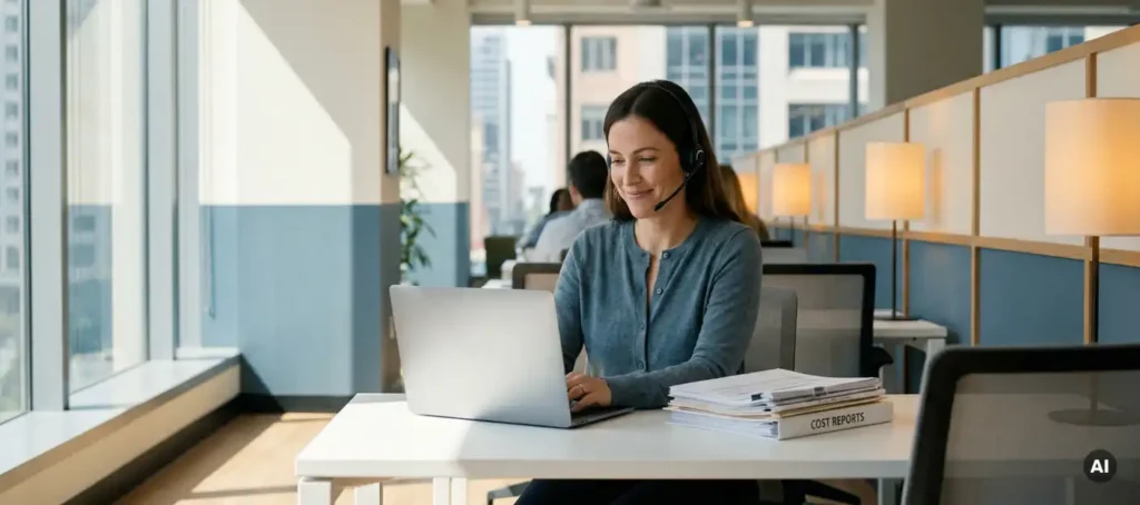 Customer service employee with headset at modern desk next to stack of cost reports and open laptop, warm office with large windows.