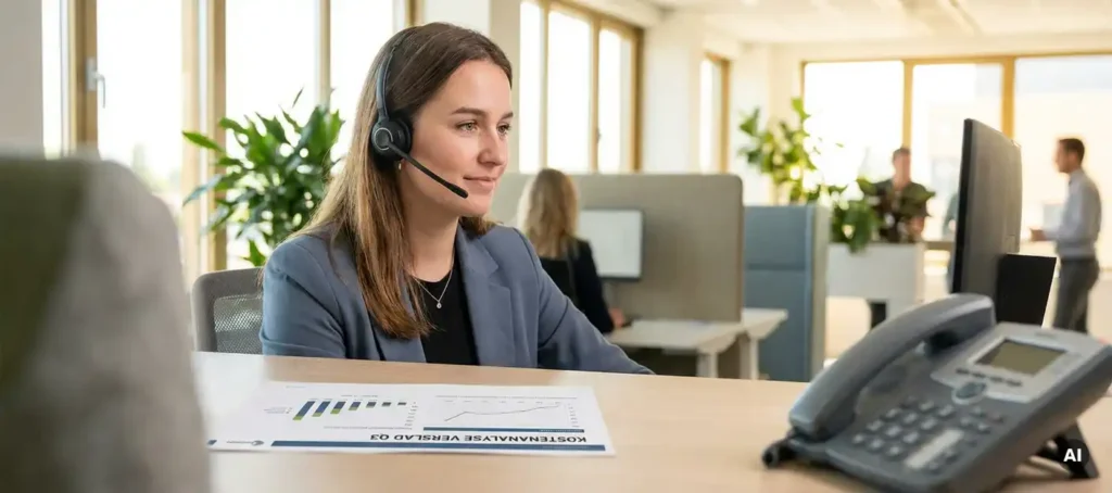 Customer service employee with headset at modern desk with cost analysis report and phone in professional Dutch office.