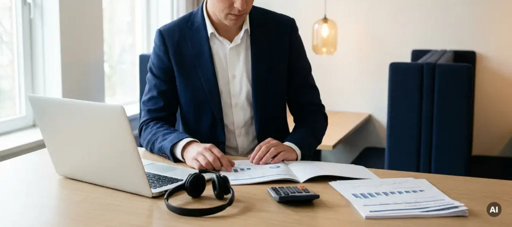 Customer service employee at modern desk with headset, laptop, and cost overview in professional Dutch office.