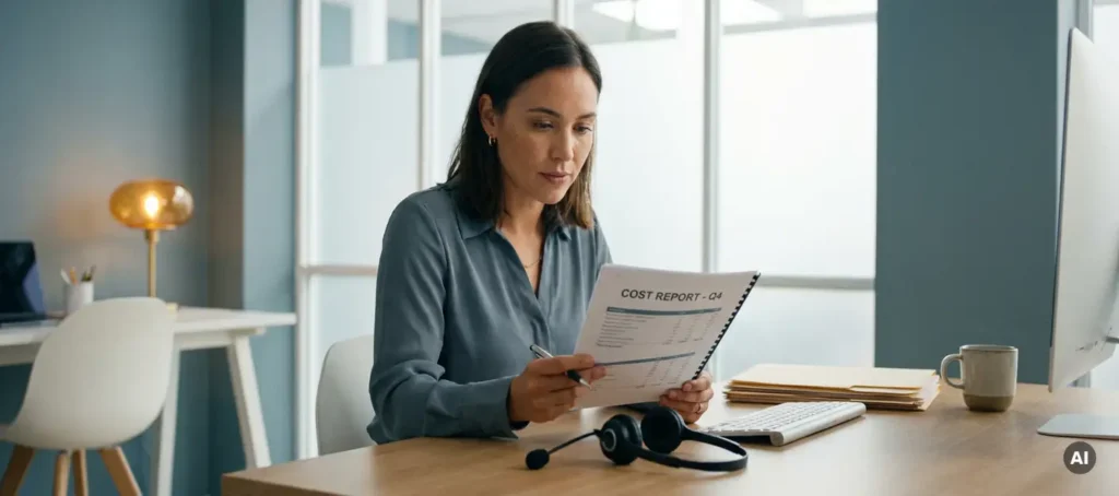 Customer service employee viewing cost report at modern desk with headset, call logs, and coffee cup in a business office environment.