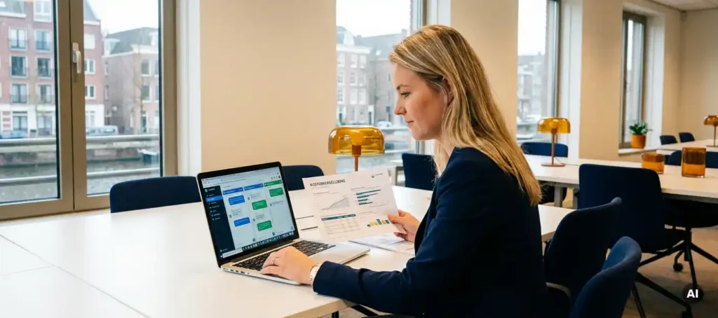 Customer service employee compares cost overview on paper next to laptop with live chat dashboard in modern Dutch office.