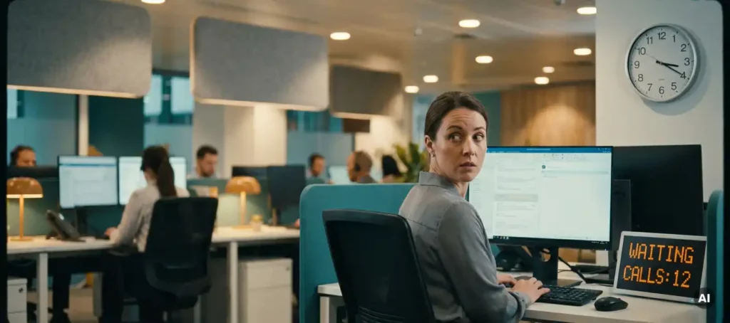 Customer service employee looks at wall clock at workstation while queue display shows several waiting calls.