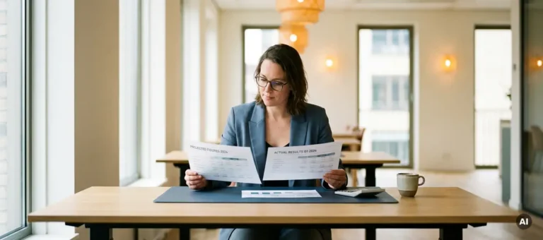 Customer service analyst compares two printed reports on a modern desk with calculator and coffee cup in natural light.