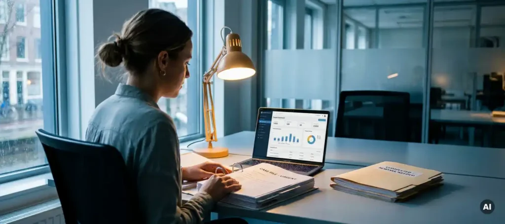 Customer service employee viewing printed file next to laptop with ticket dashboard in modern office with blue-gray interior.