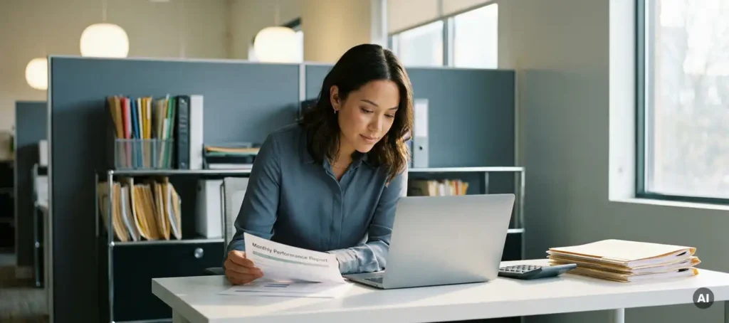 Customer service employee analyzes monthly report at a modern desk with laptop, binders, and calculator.