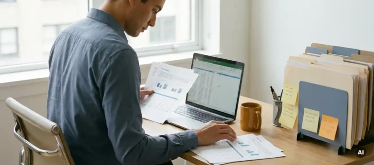 Customer service employee viewing printed datasheets and laptop on modern office desk with folders and sticky notes.